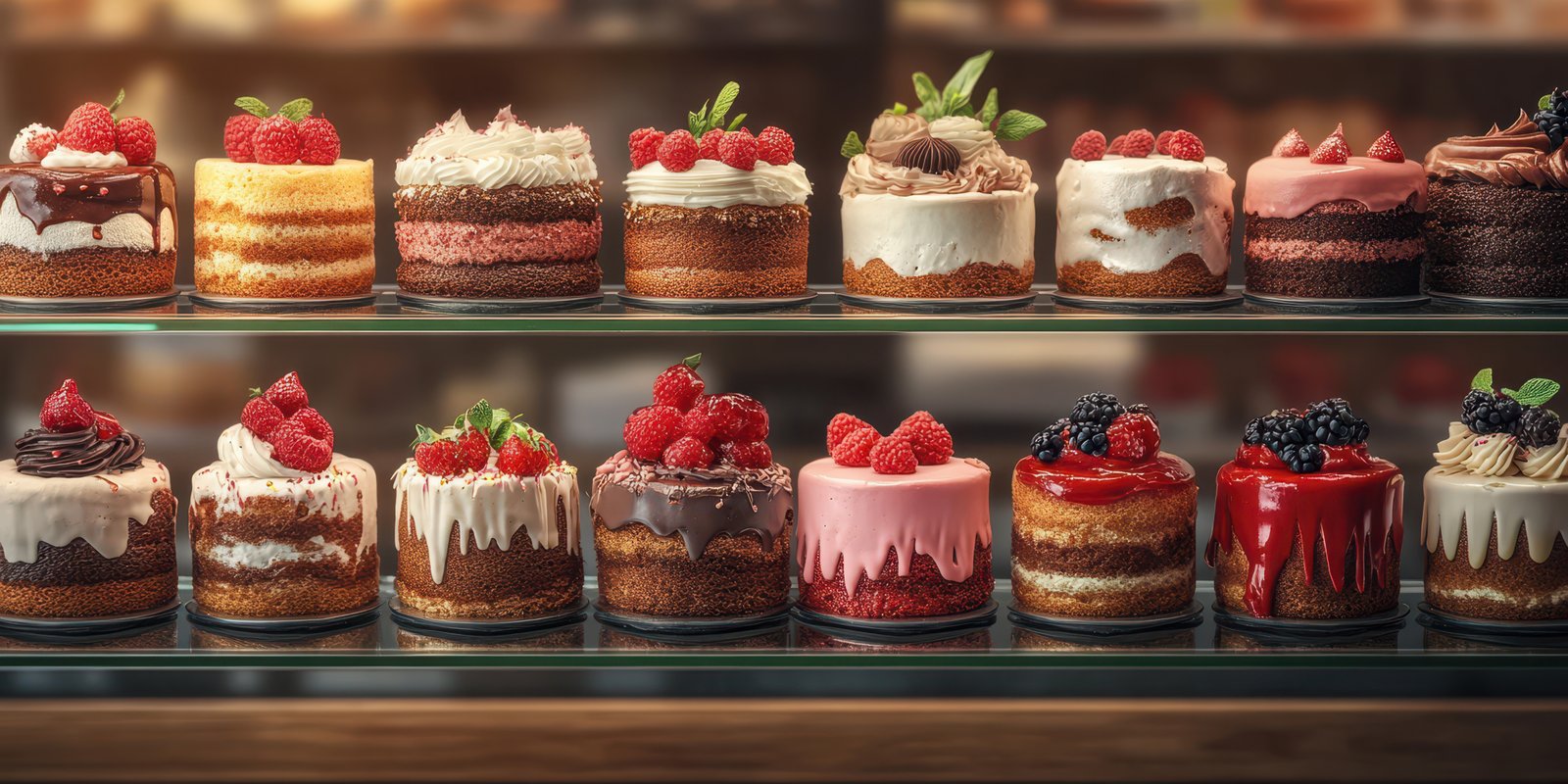 Assorted small cakes displayed in a bakery with fresh berries during afternoon light